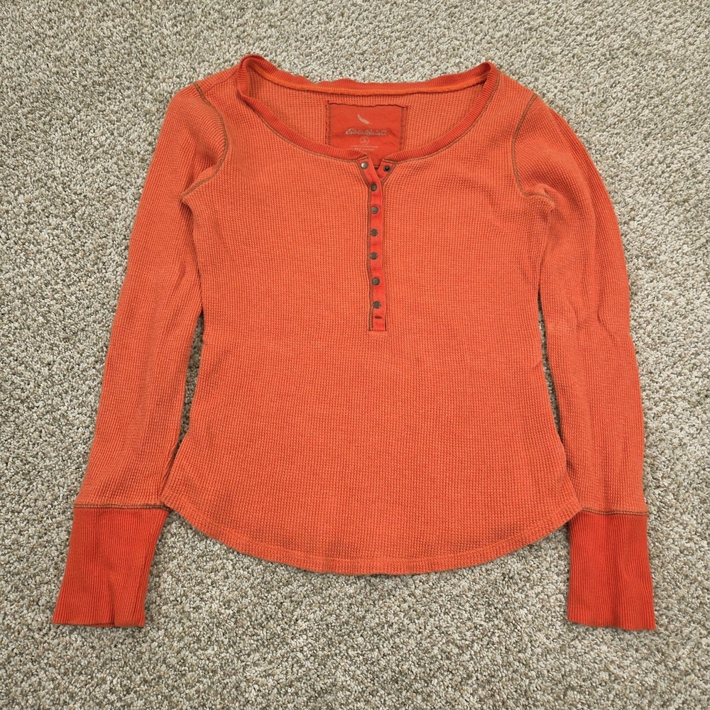 Eddie Bauer Henley Shirt Womens S Petite Orange Thermal Waffle Knit Top Y2K‎